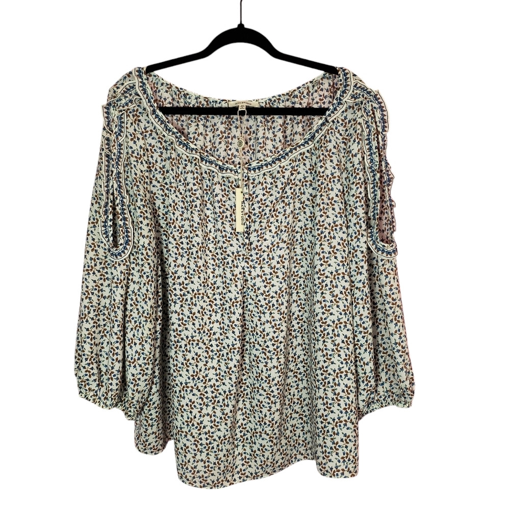Max Studio Plus Size 2X Cold Shoulder Top Blue Brown Floral Top